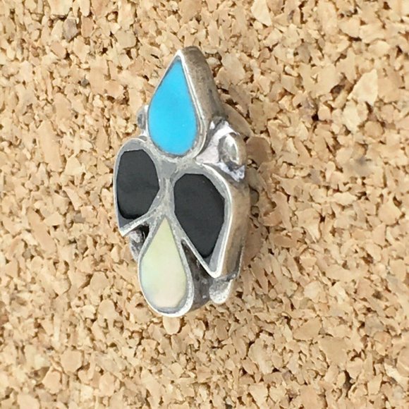 ZUNI thunderbird tie tack - sterling silver turquoise onyx inlay - hat lapel pin - Picture 3 of 7